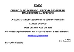 RICEVIMENTO PUBBLICO SEGRETERIA DAL 24 09 2018 AL 28 09 2018-001